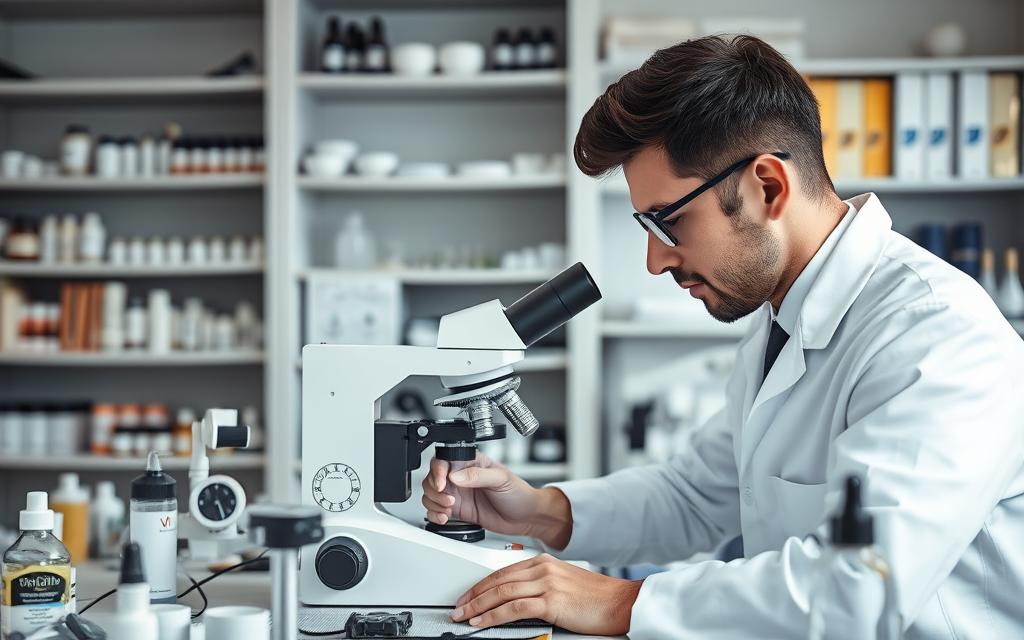 Trichologist examining hair samples